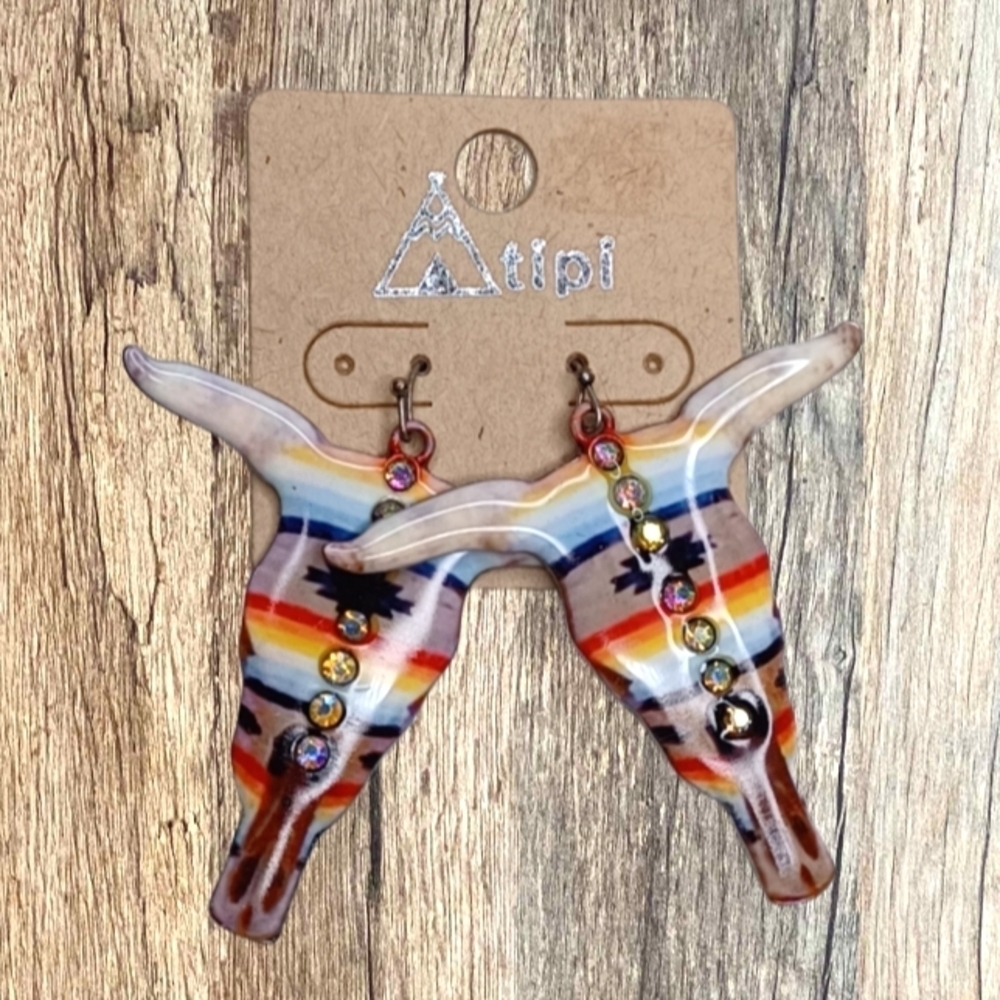 Boho Aztec Steer Cow Skull Longhorn Earrings
